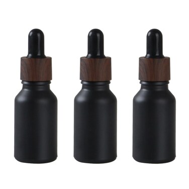 3Pcs 30ml/1oz Matte Black Glass Dropper Bottles with Plastic Wood Grain Cap Empty Refillable Boston Round Essential Oils Bottles Leak Proof Travel Bottles for DIY Cosmetic Perfumes Hair Oil