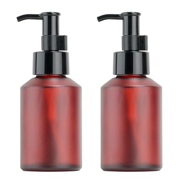 2Pcs 60ml/2oz Empty Frosted Glass Wine Red Lotion Pump Bottles with Black Lock Pump Top Refillable Travel Soap Dispenser Cosmetic Press Bottle Containers for Essence Shampoo