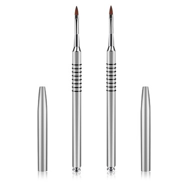 2 Pack 3D Nail Art Brush for Acrylic, Kolinsky Acrylic Nail Brushes Set, Nail Lining Brush Nail Salon Painting Brush Pen with Non-Slip Handle, Silver Metal Nail Art Pen (Size #2)