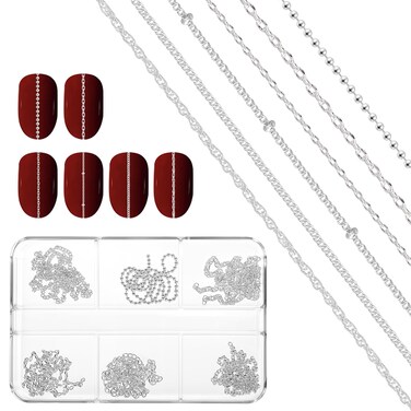 6 Strips Nail Chains for Nail Art Chain Nail Charms Nail Art Chains Silver Punk Nail Studs Charms 3D Nail Art Chain Supplies Metal Nail Art Accessories for DIY Nails Making Women Nail Art Decoration