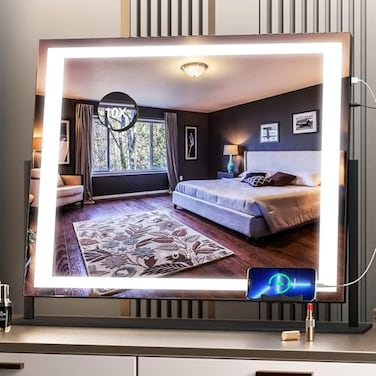 Hasipu Vanity Mirror with Lights, 24.2" x 19.7" LED Makeup Mirror, Light up Mirror with 10X Magnification and USB, Phone Holder, Smart Touch 3 Colors Dimmable, 360&deg; Rotation (Right Angle Black)