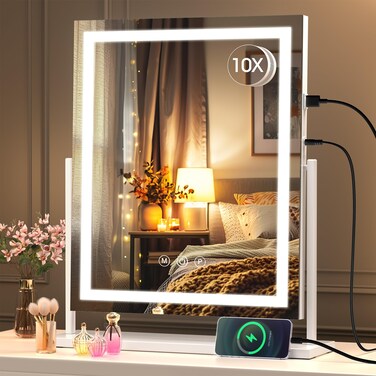 Hasipu Vanity Mirror with Lights, 16" x 20" LED Makeup Mirror, Light up Mirror with Smart Touch 3 Color Modes and Brightness Adjustment, 10X Magnifying Glass,360&deg; Rotation