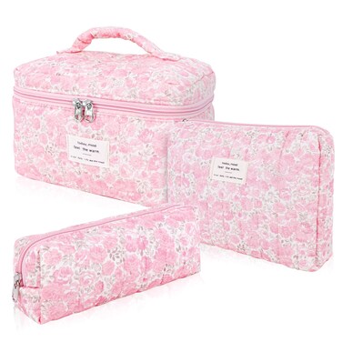 3Pcs Cotton Quilted Makeup Bag Set,Large Floral Cosmetic Bag，Aesthetic Toiletry Travel Makeup Bag Set and Cute Flower Bag for Women Girls (Pink Flower)