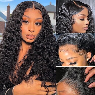 13x4 Glueless Wigs Human Hair Pre Plucked Pre Cut Deep Wave Lace Front Wig Human Hair with Baby Hair 180% Density Human Hair Lace Front Wigs for Women 20 Inch Natural Black