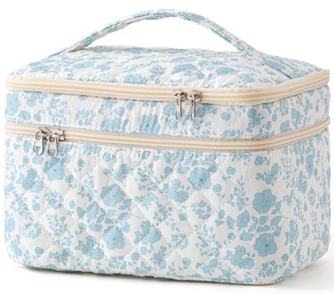 HBselect Quilted Makeup Bag, Cotton Large Travel Makeup Bag, Cute Floral Coquette Make up Bag Cosmetic Bag Toiletry Bag for Women Girls (Blueflower-G)