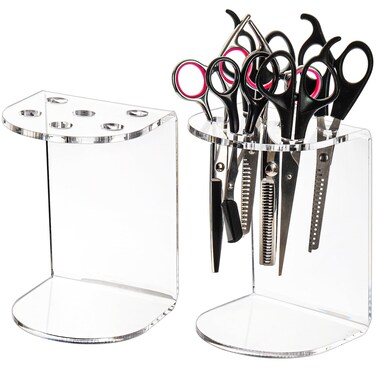 Hedume 2 Pack 6 Holes Clear Acrylic Scissors Holder Rack, Salon Shear Holder, Barber Shop Scissors Stand, Desktop Hairdresser Scissors Combs Clips Organizer