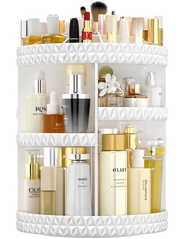360 Rotating Makeup Organizer, DIY Adjustable Cosmetics Organizer, Professional Acrylic Make Up Caddy Shelf Storage Perfume, Lipsticks, Makeup Brushes or Accessories (White)