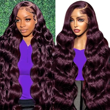 Burgundy 13X4 HD Transparent Body Wave Lace Front Wigs Human Hair 180% Density Natural Hairline Lace Frontal Wigs Glueless Human Hair Pre Plucked Bleached Knots with Baby Hair 28 inch