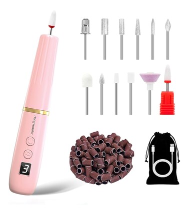 Electric Nail Drill Machine File Efile Set for Acrylic Gel Nails Portable Nail Drill Machine Kit Rechargeable Pedicure Tools for Hand Feet Manicure Pedicure Tools Polishing Set (Pink)