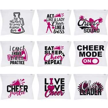 Henoyso 90 Pieces Cheer Makeup Bag Cheerleaders Gifts Cosmetic Cheer Bags for Cheerleaders Cheer Gifts for Team Cheer Party Favors Travel Pouch Makeup Case for Women Teammates Accessories, 9 Styles