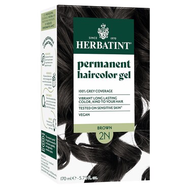 Herbatint Permanent Haircolor Gel, 2N Brown, Alcohol Free, Vegan, 100% Grey Coverage - 4.56 oz