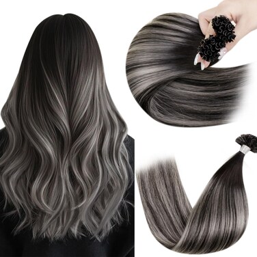 Hetto U Tip Hair Extensions Human Hair Balayage K Tip Hair Extensions Real Human Hair Black Ombre to Silver Utip Hair Extensions Human Hair Short Hair Keratin Tip Extensions for Women 14 Inch 50g 50s