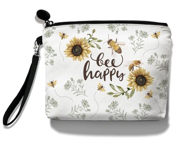 Hglian Bee Makeup Bag Inspirational Cosmetic Toiletry Organizer Bags Cute Sunflower Zipper Pouch for Purse Birthday Gifts for Women Girls-Bee Happy