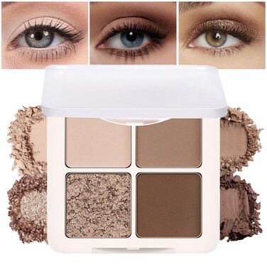 Shimmer Matte Eyeshadow Quad Makeup Palette, Dark Brown Champagne Light Brown Nude Eyeshadow Palette, Blendable Matte Glitter Eyes, Long-Lasting Waterproof, Create Your Everyday Eye Look, 2# Coffee