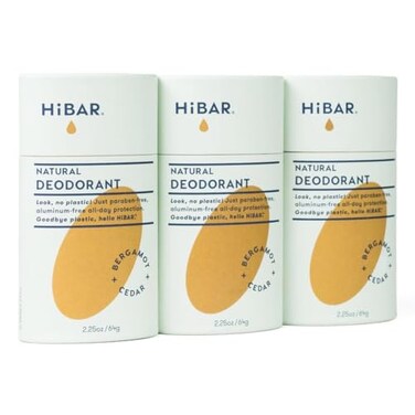 HiBAR - Bergamot &amp; Cedar Plastic Free Deodorant - Natural Deodorant - All-Day Protection - With Sunflower Seed Wax, Rice Bran &amp; Shea Butter - Plastic, Paraben &amp; Aluminum-Free - Vegan - 3 Pack