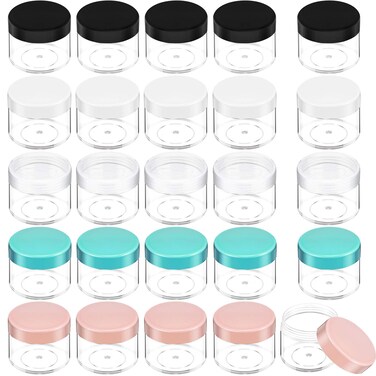 20 Pieces Round Pot Jars Plastic Cosmetic Containers Set with Lid for Liquid Creams Sample, 20 ml/ 0.7 oz (Black, White, Clear, Pink, Teal Lid)