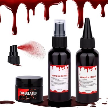 3Pcs Halloween Fake Blood Makeup Kit 5.44oz, Realistic Fresh Red Faux Blood Spray Washable for Cosplay Party Zombie Vampire Monster