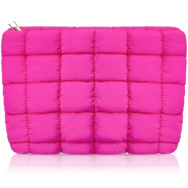 Hillban Puffy Quilted Makeup Bag Quilted Cosmetic Bag Cute Puffer Toiletry Checkered Pouch Aesthetic Travel Makeup Brushes Organizer(Rose Red,Classic)