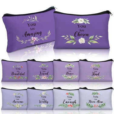 Hillban 10 Pcs Christian Inspirational Cosmetic Bag for Women Mother's Day Employee Appreciation Makeup Bag Gifts You Are Amazing Bible Canvas Verse Pouch(Flower,Purple)