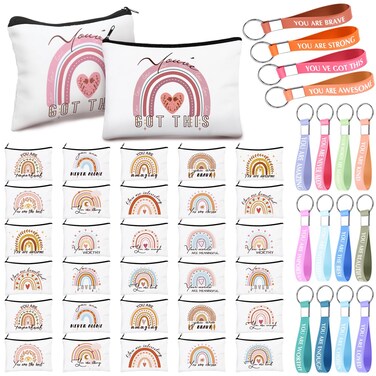 Hillban 64 Pieces Rainbow Cosmetic Bag Bulk Inspirational Mother Day Gift for Women with 32 Motivational Quote Keychains and 32 Rainbow Canvas Makeup Pouch Bags for Women