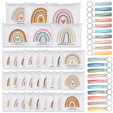 Hillban 60 Pcs Teacher Appreciation Gifts Set 30 Canvas Makeup Bags 30 Inspirational Teacher Silicone Keychains for Women Thank You Gifts Rainbow Cosmetic Bags (Boho Style)