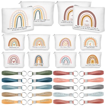 Hillban 60 Pcs Teacher Inspirational Gifts Bulk for Women 30 Rainbow Canvas Makeup Bags 30 Motivational Quotes Keychains Thank You Employee Appreciation Gift for Coworker Employee Teacher