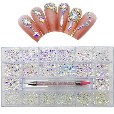 Nail Rhinestone Kit, Nail Art Decor Flat Rhinestone Kit for Nails, Shoes, Clothes, Jewelry DIY Craft Gems (600 Clear AB Diamonds + 6500 Flat Rhinestones)