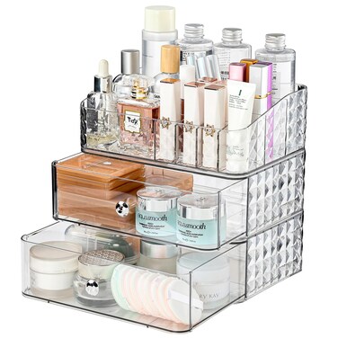 2 Stackable Storage Drawers + 1 Makeup Organizer Tray, Clear Makeup Storage Bins Containers Cosmetic Display Case for Eyeshadow/Brush/Lipsticks/Skincare, Vanity Bathroom Organizer (3 Set)