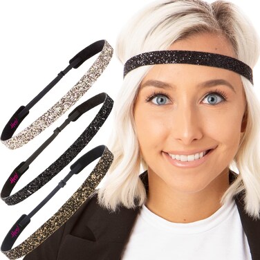 Hipsy Women's Adjustable No Slip Bling Glitter Skinny Cute Headband 3-pack (Skinny Brown/Black/Rose Gold 3pk)