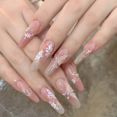Press on Nails Long Fake Butterfly Pink Nails Tips Full Cover False Almond Nails for Women and Girls 24PCS