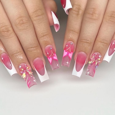 Pink French Press on Nails Cute Heart Fake Nails Tips Full Cover False Square Medium Nails for Women and Girls 24PCS