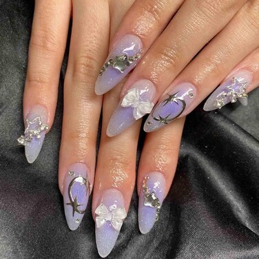 Long Almond Press on Nails Bow Fake Nails Tips Full Cover False Gradient Nails for Women and Girls 24PCS