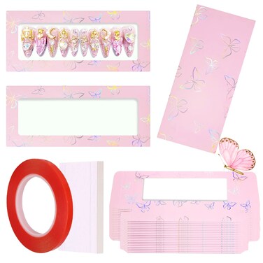 35 Pcs Empty Press on Nails Packaging Box Set 35 Pcs White Background Papers and 1 Double Sided Tape, Empty Nail Package Box Set for Press on Nail Business (Pink)&hellip;