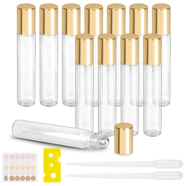 12PCS Essential Oil Roller Bottle Refillable Empty Glass Bottle with Stainless Steel Rollerball, the Refillable Glass Set Includes 1PC Opener and 2PCS Dropper