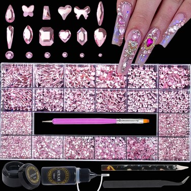 HNUIX Nail Rhinestones - 4550pcs Light Pink, Multiple Shape Gems, Flatback Crystal Rhinestones for Nails Decor Designs Kits