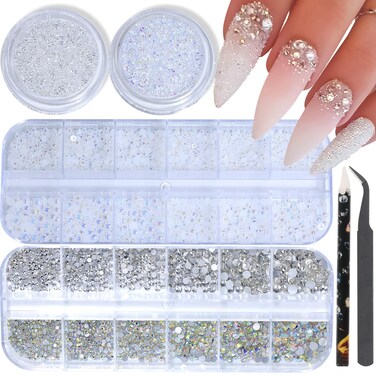 HNUIX Nail Rhinestones and Pearls Nail Charms, 4Box Crystals Nail Gems, Rhinestones, Pearl for Nails, 3D Bling Nail Decoration Accessories, with Wax Pencil and Tweezer