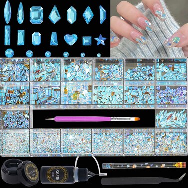 HNUIX Nail Rhinestones - 3200pcs Crystals Aurora, Multiple Shape Gems, Flatback Rhinestones, with Kit and Glue Gel, for Nail Art