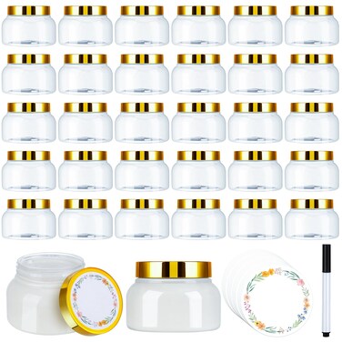32 Pack 8 oz Plastic Tuscany Jars with Gold Lids, Body Butter Jars Clear Empty Refillable Round Cosmetic Containers with Labels Marker Pens for Creams, Lotions,Sugar Scrubs,Candy,Bath Salt