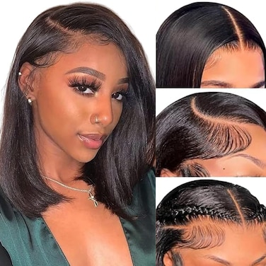 200% Density 14 Inch Bob Wig Human Hair Glueless 13x4 Bob Lace Front Wigs Human Hair Straight Bob Human Hair Wigs for Black Women Pre Plucked with Baby Hair Natural Color