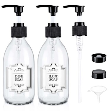 8 oz Glass Bottle with Black Pump 2 Pack,250ml Clear Soap Dispenser Refillable for Bathroom, Countertop Kitchen, for Essential Oil Soap Lotion Shampoo