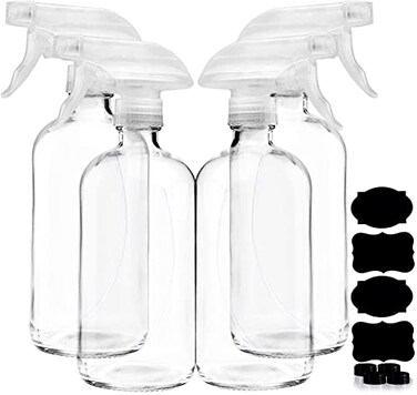 Clear Glass Spray Bottles For Cleaning Solutions (4 Pack) - 16 Ounce, Refillable &amp; Reusable Sprayer for Essential Oil, Water, Kitchen, Hair. Durable Black Trigger Sprayer w/Mist and Stream Settings