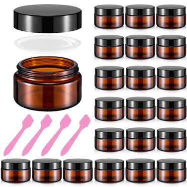 Honeydak 24 Pack 20ml Thick Glass Jars with Airtight Child Resistant Lids Empty Round Lip Balm Container Tiny Sample Jars Container for Cosmetics, Store(Amber)