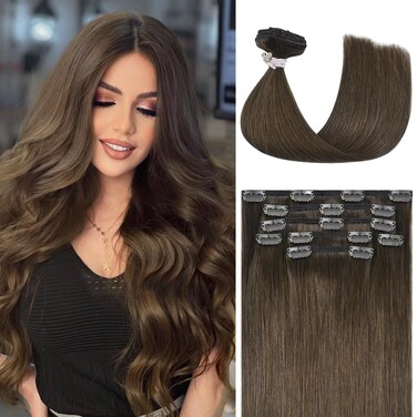 Honsoo Brown Real Human Hair Clip In Hair Extensions Medium Brown 70g 7pcs 15in Silky Straight Double Weft No Shedding Hair For Full Head