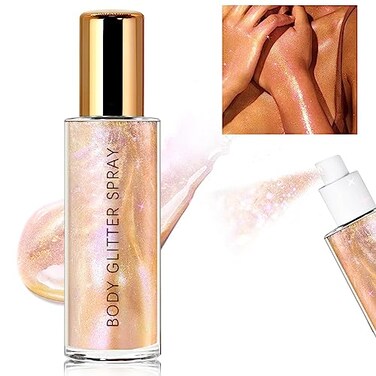 Body Glitter Spray, Moisturizing Bronze Body Shimmer Luminizer Glow Illuminator Quick-Drying and Non-Sticky Glitter Spray Liquid Highlighter Spray for Face Hair Body Glitter, 60ML -Rose Gold