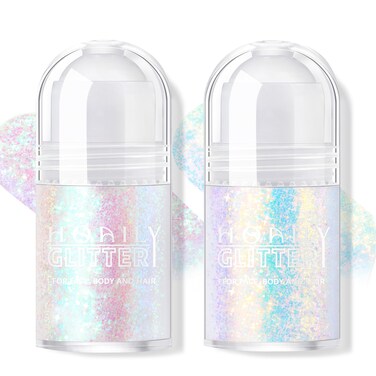 2 Colors Roll-on Body Glitter Gel, Holographic Glitter Gel Under Light for Body, Hair, Face, Body Shimmer Hair Glitter Gel for Rave Accessories Christmas New Year Halloween Makeup (11+12)