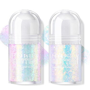 2 Colors Roll-on Body Glitter Gel, Holographic Glitter Gel Under Light for Body, Hair, Face, Body Shimmer Hair Glitter Gel for Rave Accessories Christmas New Year Halloween Makeup (8+12)