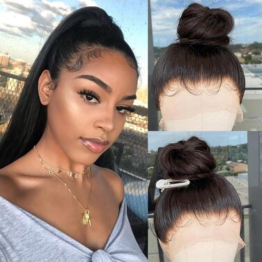 Real Full Lace Human Hair Wigs For Women 540&deg; Full Handmade Whole Lace Wig Straight Full Lace Wigs Preplucked Hairline Free Part Natural Color Virgin Hair Ponytail Braid 20 Inches