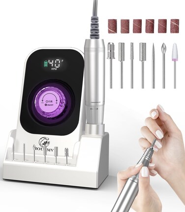 Portable Nail Drill Electric File: 40000RPM Professional Rechargeable Nail E-File Machine, Cordless Nail Drill with Bits &amp; Base for Acrylic Nails Remove Nail Gel Polish Manicure for Salon Home, White