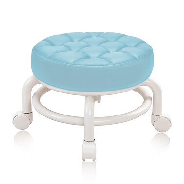 Round Rolling Low Stool- PU Leather Low Stool 360&deg; More Comfortable Swivel with Thickened Sponge Cushion for Nail Salon, Pedicure, SPA and Home (Blue)
