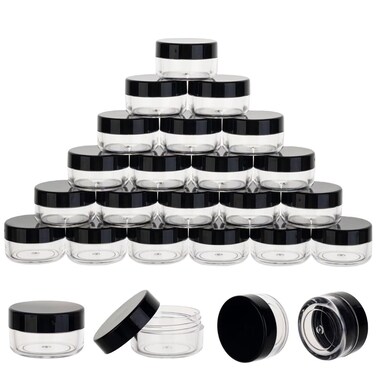 25 Count 5 Gram Sample Containers, Clear Lip Balm Containers with Lids, Small Plastic Sample Jars with 2 Mini Spoons, 25pcs Labels (Black Lid)